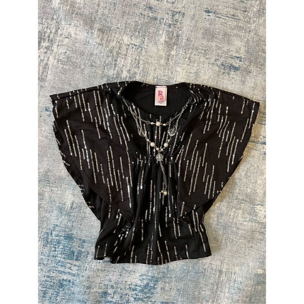 Pinc Black Silver Sequined Flutter Batwing Sleeve Top with Removable Necklace 3T